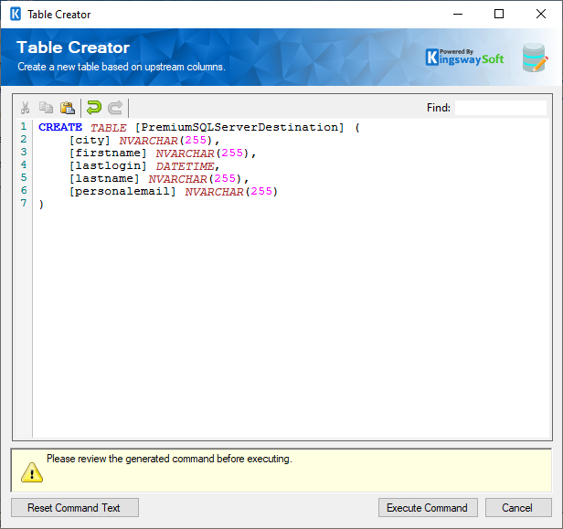 SQL Server Destination Table Creator